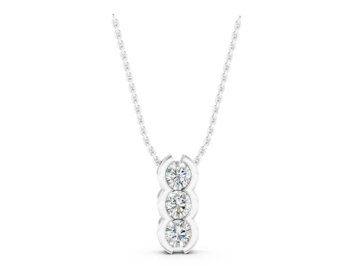 Three Stone Round Diamond Shared Prong Pendant Silver