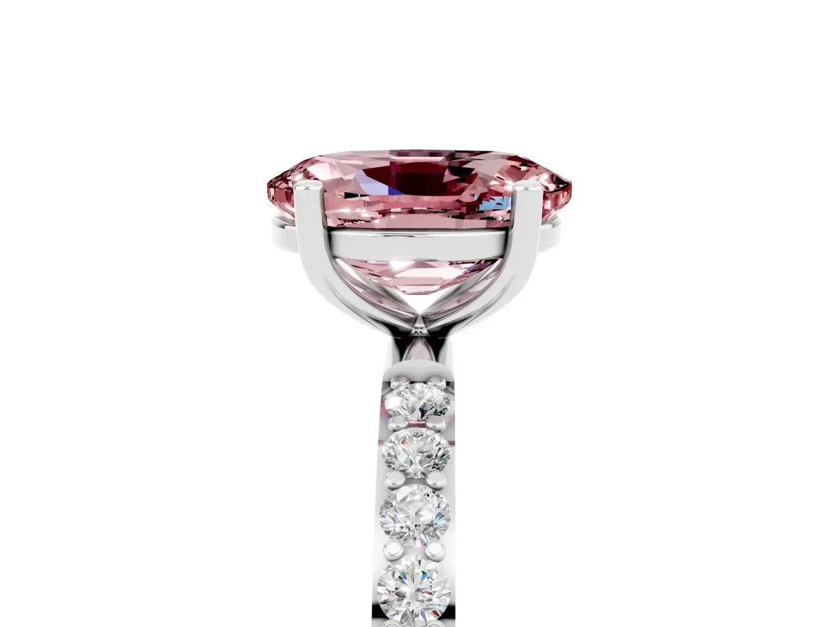 Oval Cut Morganite Solitaire Ring with Round Pavé Band and Prong Setting Platinum