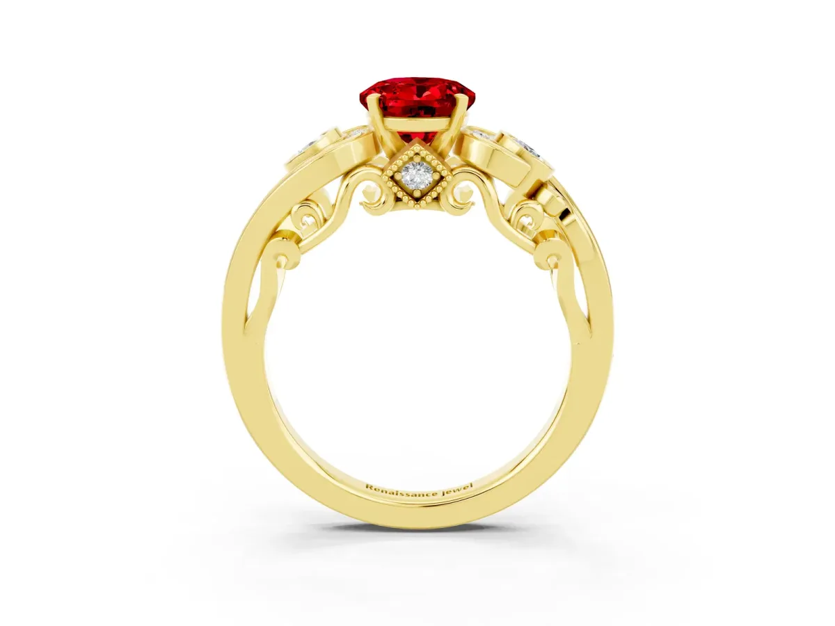 Oval Cut Ruby Solitaire Ring with Milgrain Pavé Band and Four-Prong Setting Yellow gold