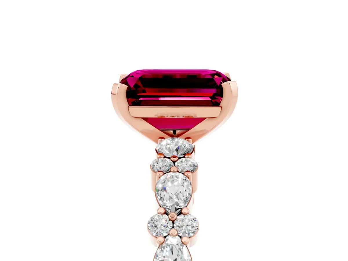 Emerald Cut Garnet Side Stone Solitaire Ring with Round and Four-Prong Setting Rose gold