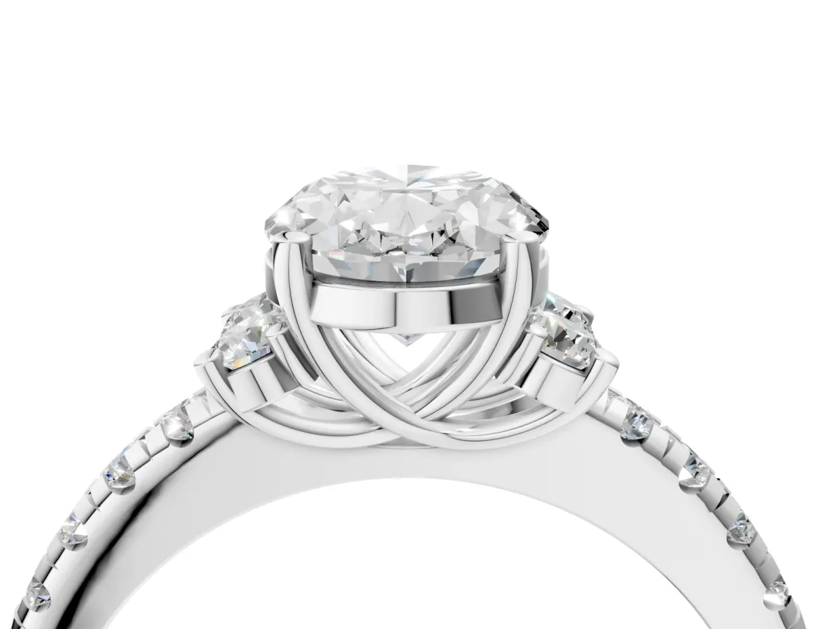 Oval Cut Diamond Three-Stone Pave Band with Four-Prong Setting Silver