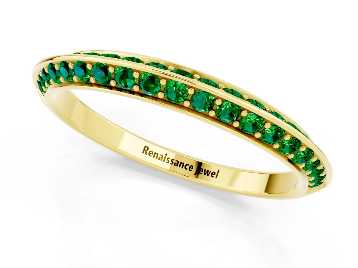 Double Row Pavé Round Emerald Eternity Band with Channel Setting Yellow gold