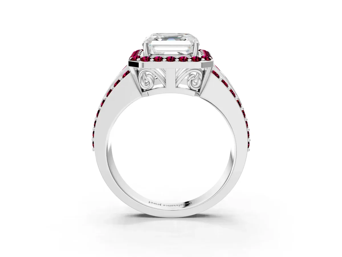 Asscher Cut Halo Diamond Ring with Round Garnet Split Shank and Prong Setting Platinum