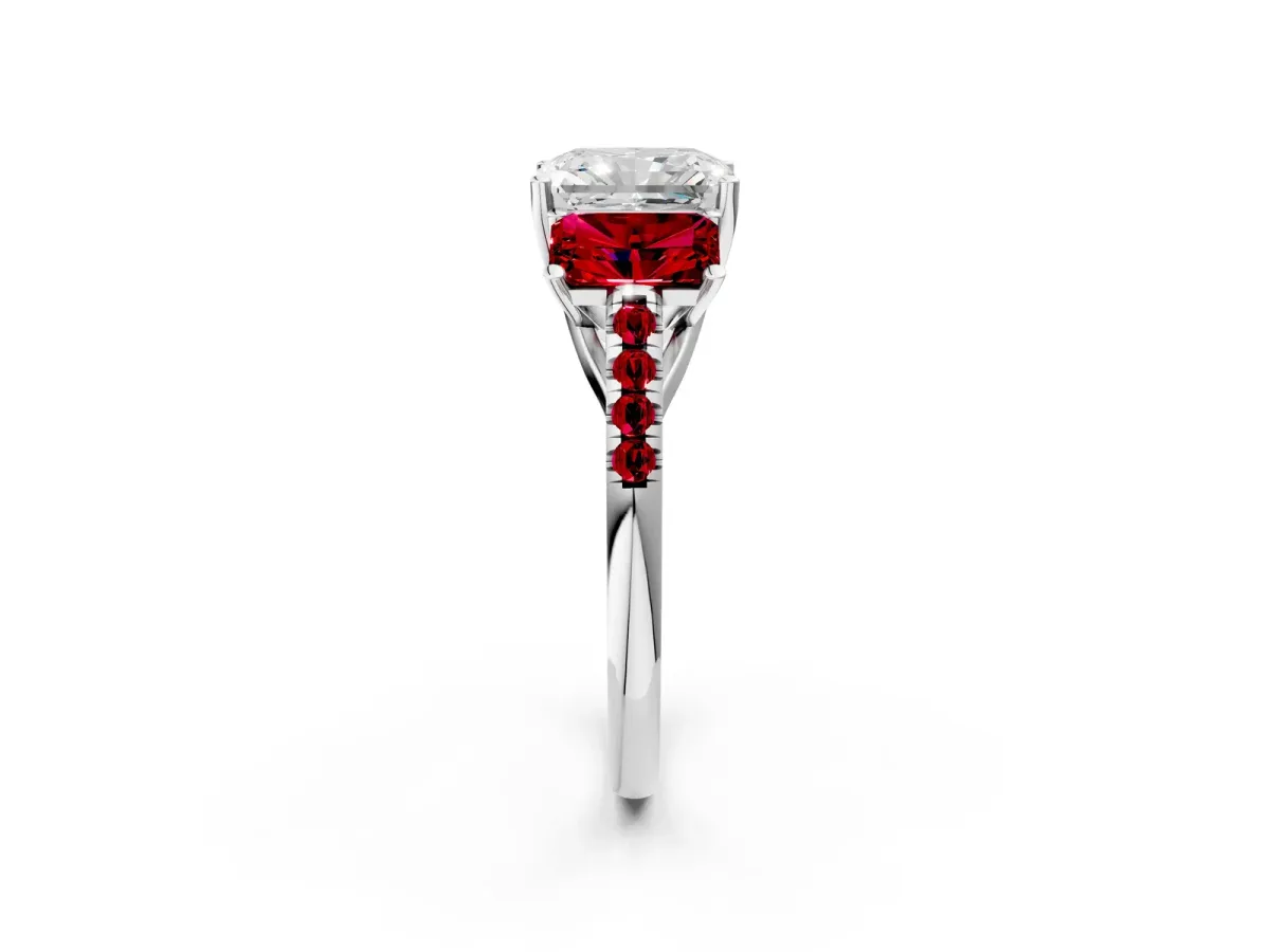Three-Stone Radiant Cut Diamond Ring with Round Ruby Pavé Band and Prong Setting Silver