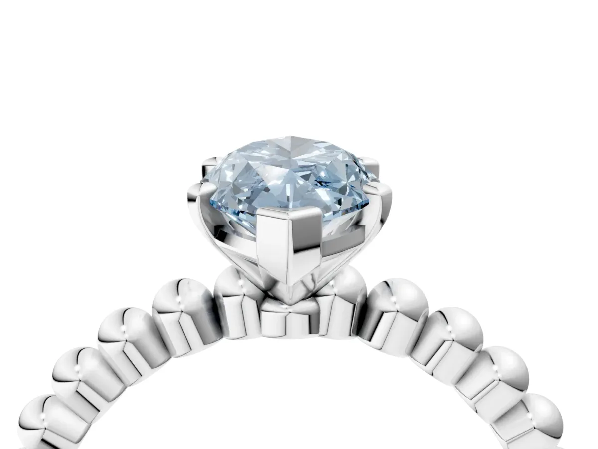 Fancy Blue Marquise Cut Diamond Solitaire Ring with Beaded Band and Prong Setting Silver