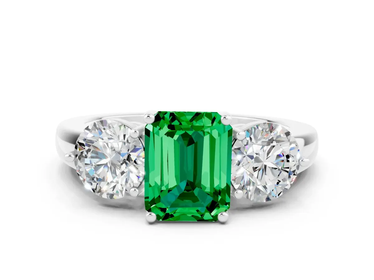 Emerald Cut Emerald Three-Stone Ring with Prong Setting and Classic Band White gold