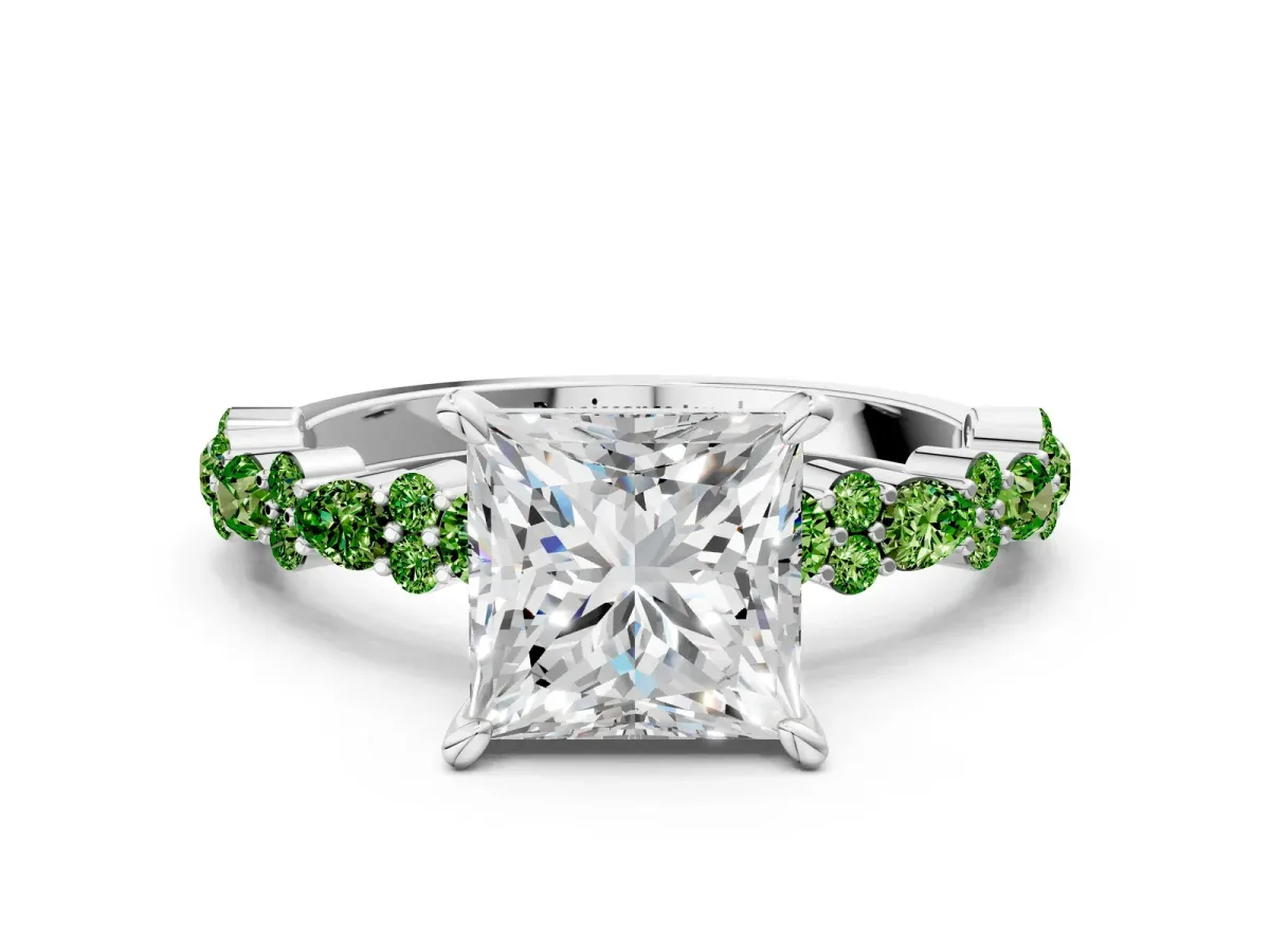 Princess Cut Diamond Side Stone Solitaire Ring with Round Peridot and Four-Prong Setting Platinum