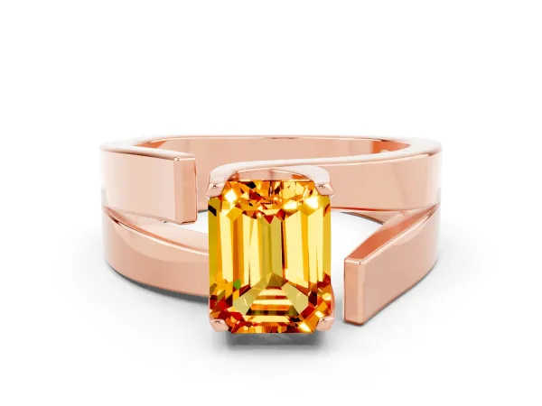 Modern Tension Set Emerald Cut Citrine Solitaire Wide Band Ring Rose gold