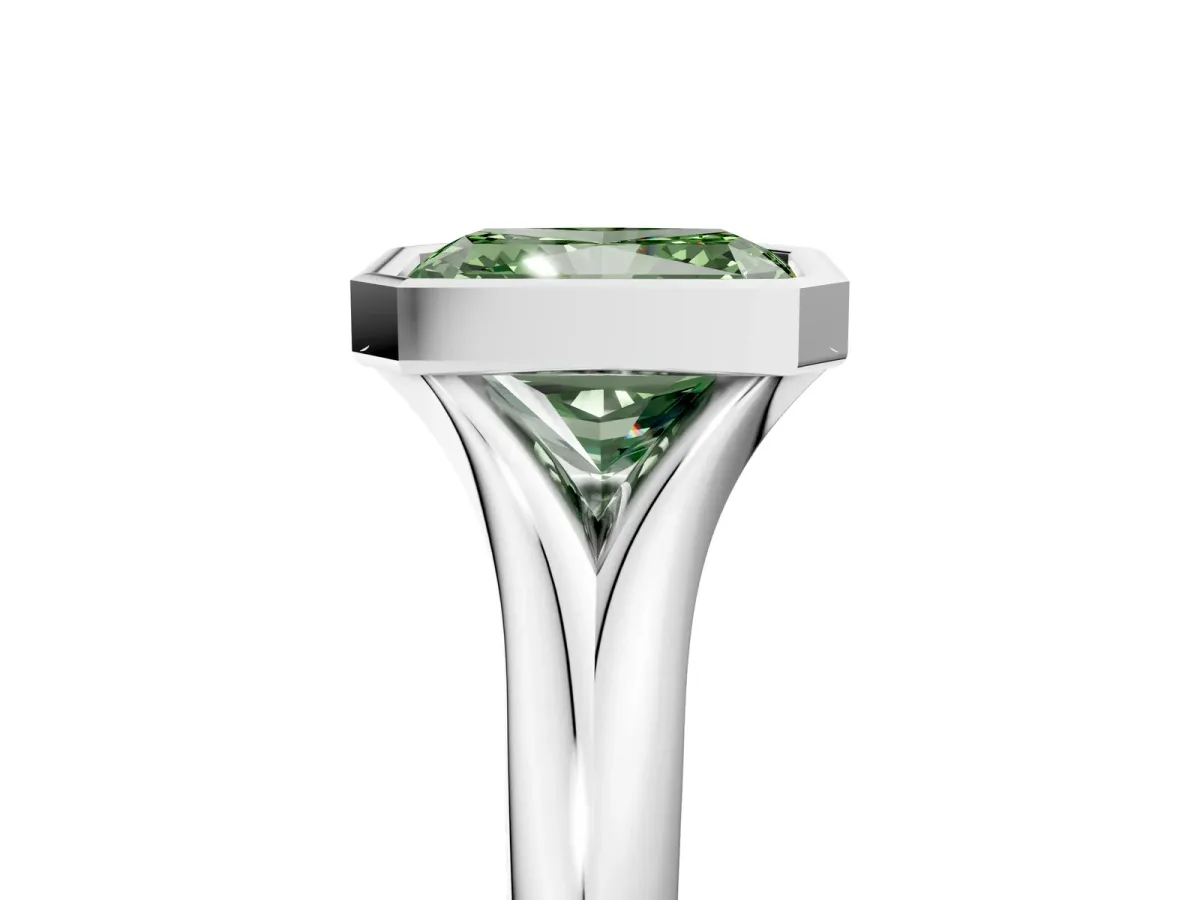 Fancy Green Bezel Set Radiant Cut Solitaire Diamond Ring with Smooth Band Platinum