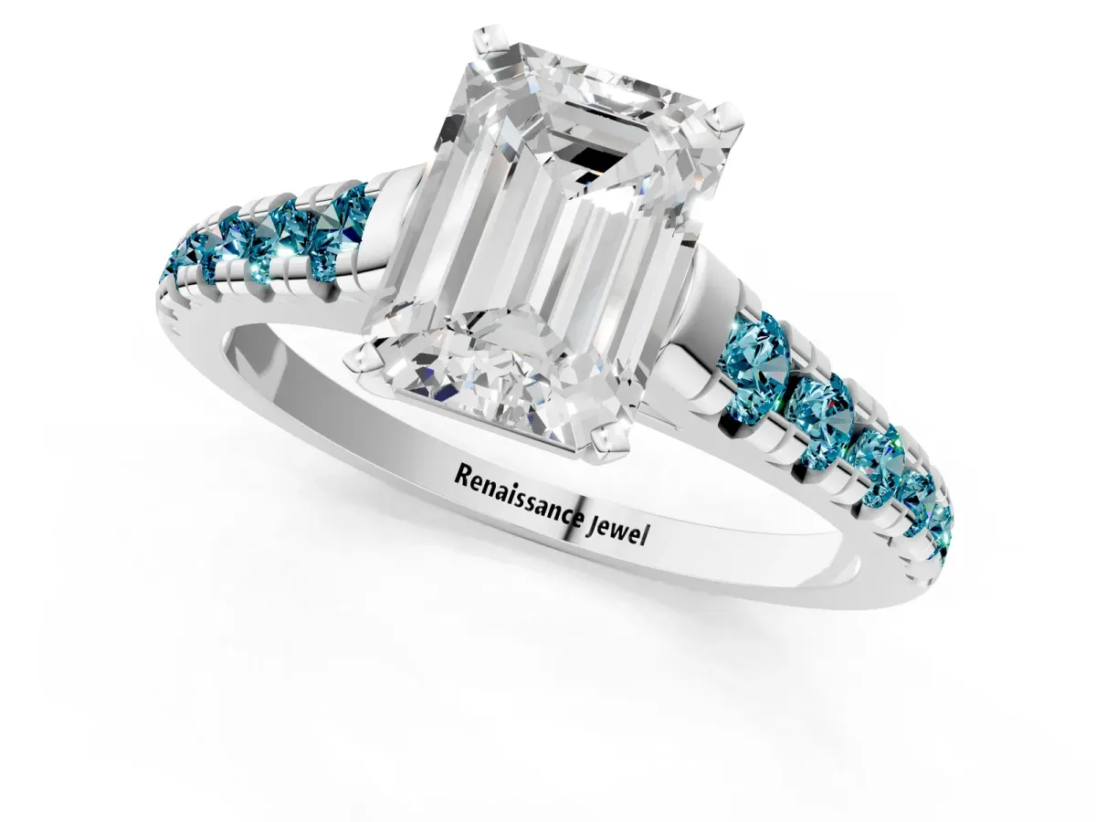 Emerald Cut Diamond Cathedral Solitaire Ring with Round Blue Topaz Pavé Band Silver
