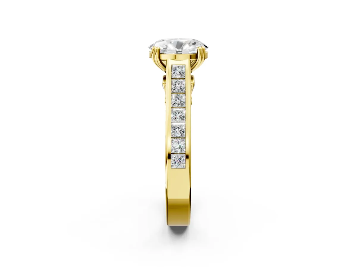 Oval Cut Cut Channel Set Solitaire Engagement Ring with Prong Setting Yellow gold