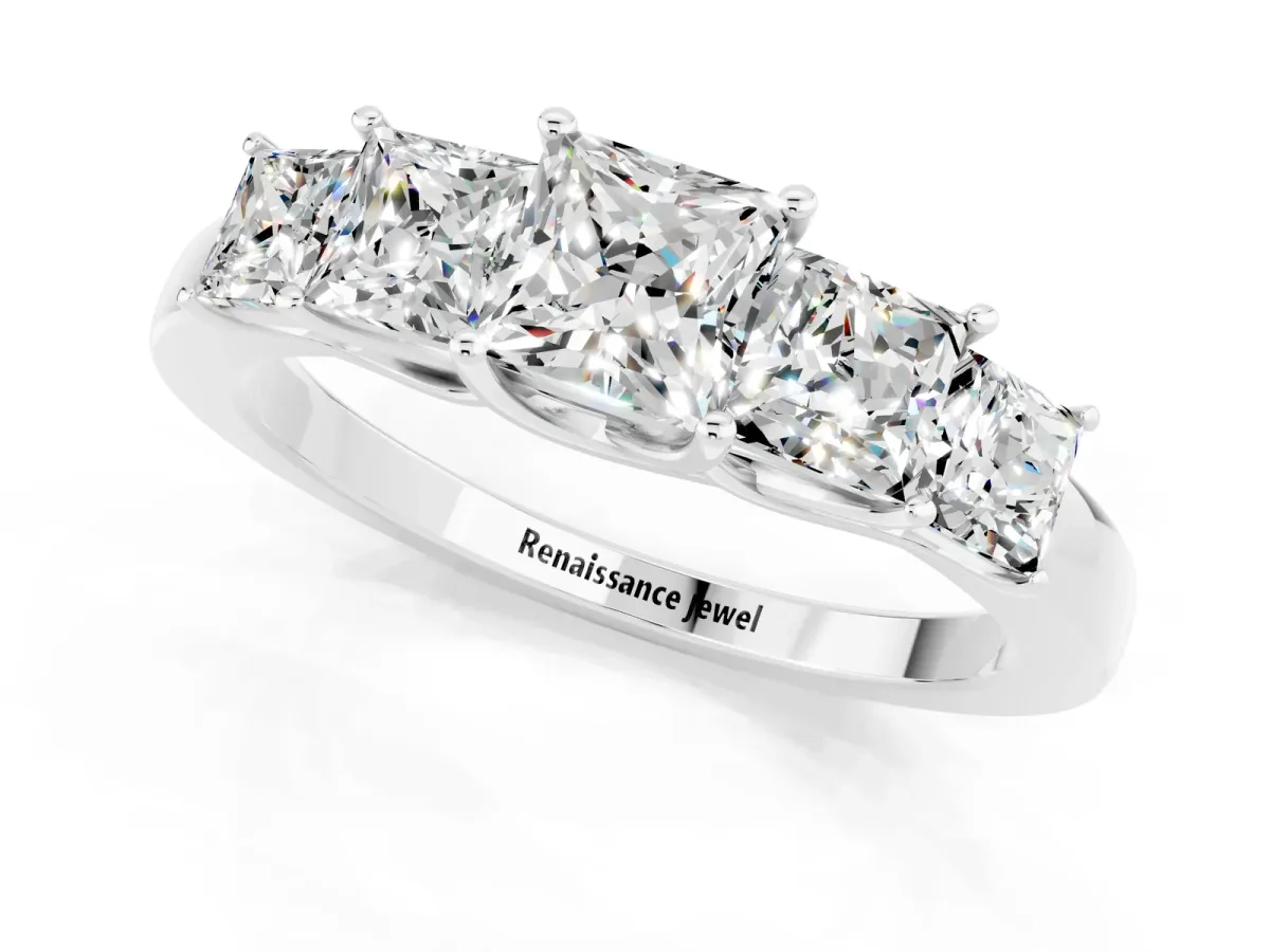 Princess Cut Five-Stone Moissanite Ring with Classic Prong Setting White gold