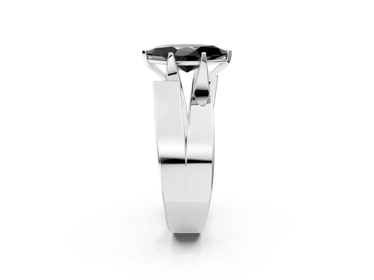 Fancy Black Modern Tension Set Marquise Cut Diamond Solitaire Wide Band Ring Silver