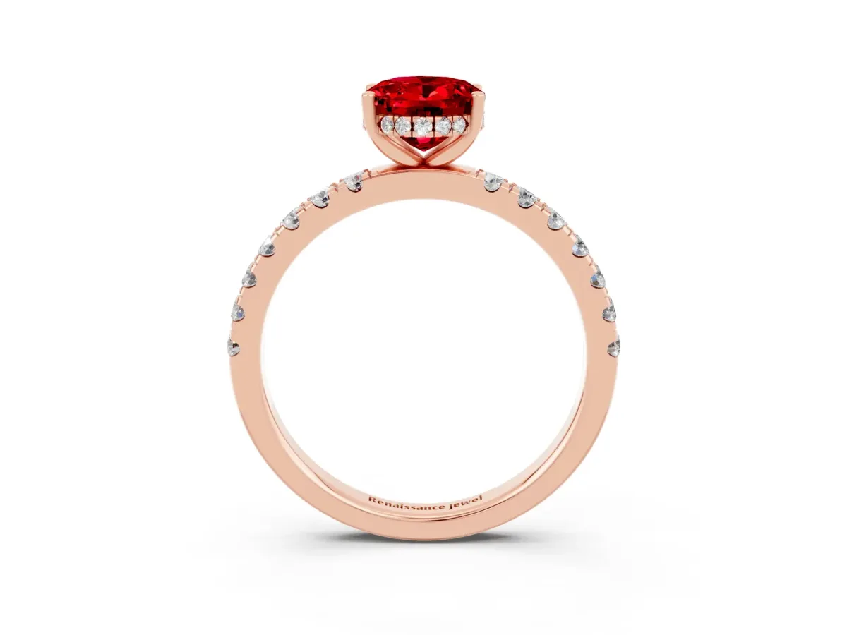 Oval Cut Ruby Pave Band Solitaire Ring with Round and Prong Setting Rose gold