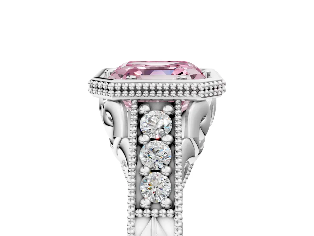 Fancy Pink Bezel Set Asscher Cut Diamond Milgrain Pave Engagement Ring Platinum