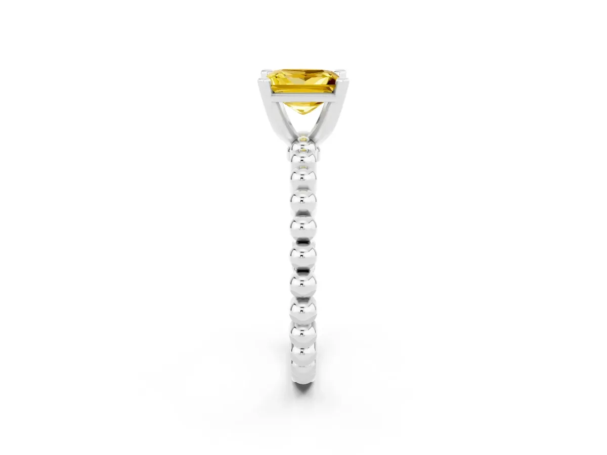 Princess Cut Yellow Sapphire Solitaire Ring with Beaded Band and Prong Setting Silver