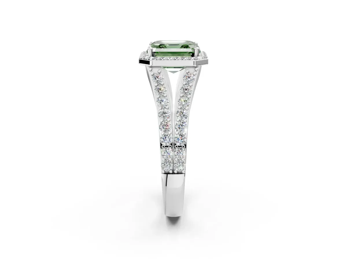 Fancy Green Asscher Cut Diamond Split Shank Halo Ring with Four-Prong Setting Platinum