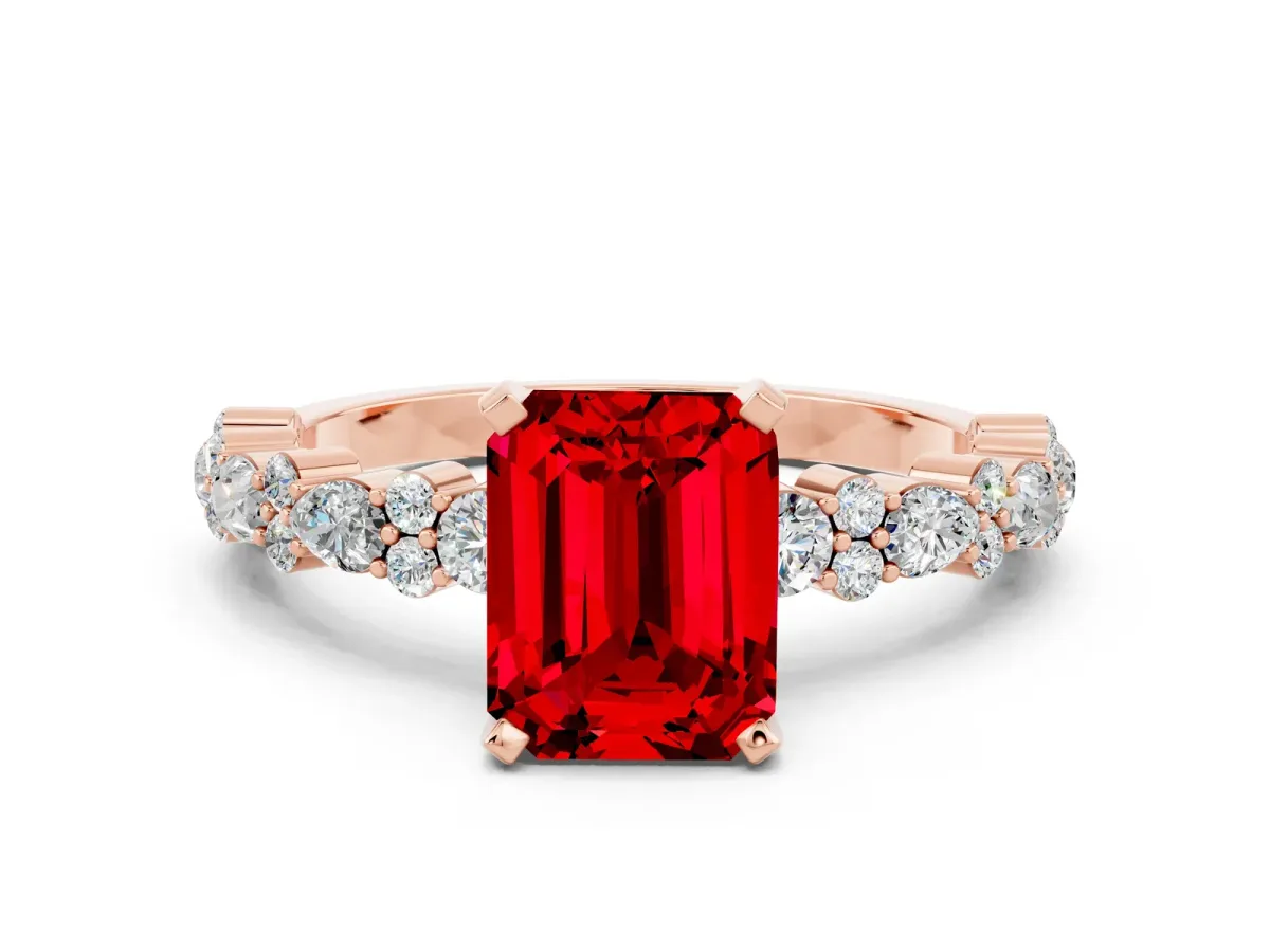 Emerald Cut Ruby Side Stone Solitaire Ring with Round and Four-Prong Setting Rose gold