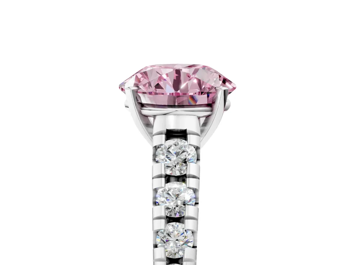 Fancy Pink Round Cut Diamond Cathedral Solitaire Ring with Round Pavé Band Silver