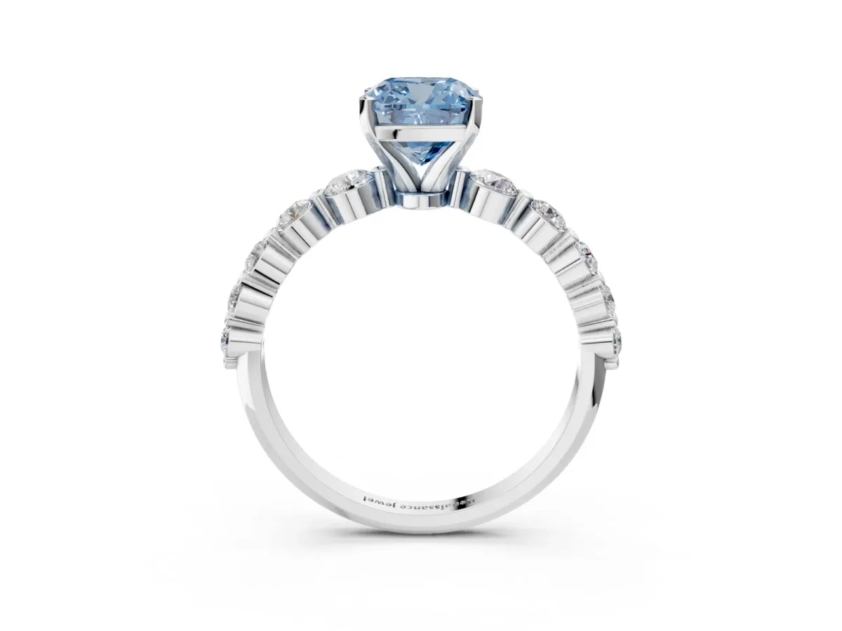 Fancy Blue Cushion Cut Solitaire Diamond Ring with Pave Band and Four-Prong Setting Silver