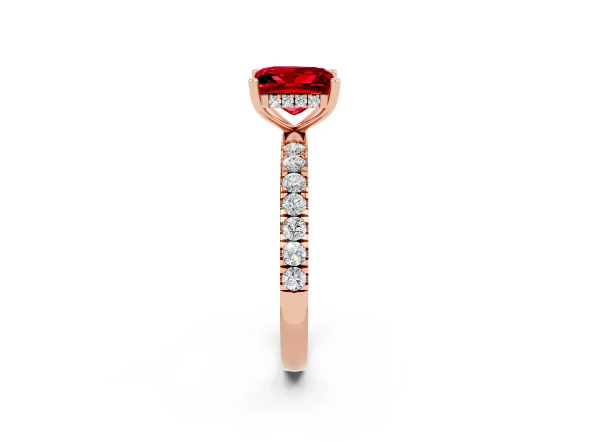 Princess Cut Ruby Pave Band Solitaire Ring with Round and Prong Setting Rose gold