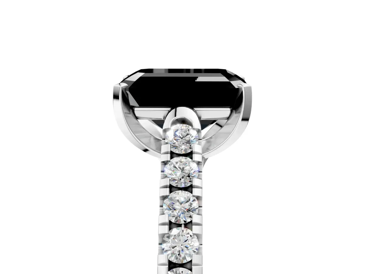 Fancy Black Emerald Cut Diamond Pavé Band Solitaire Ring with Prong Setting Platinum