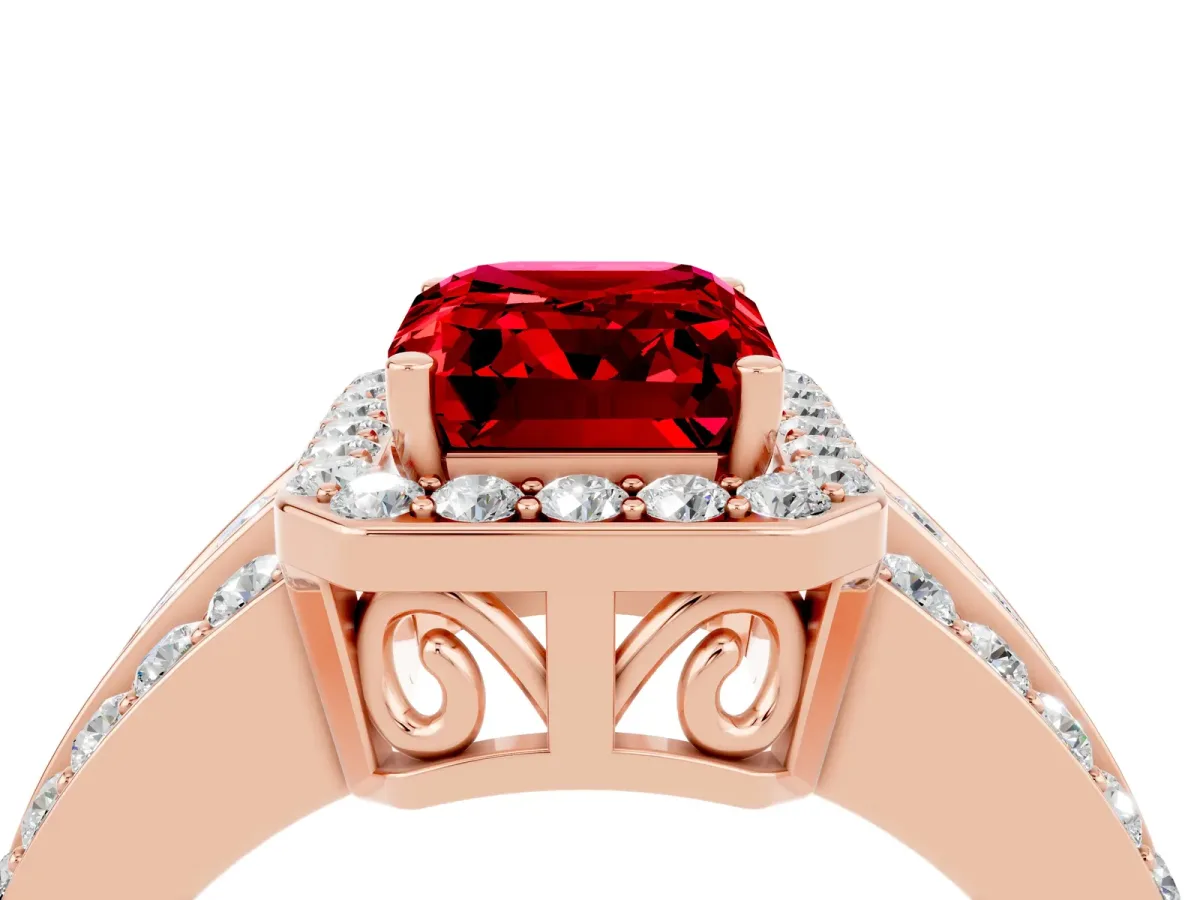 Emerald Cut Halo Ruby Ring with Round Split Shank and Prong Setting Rose gold