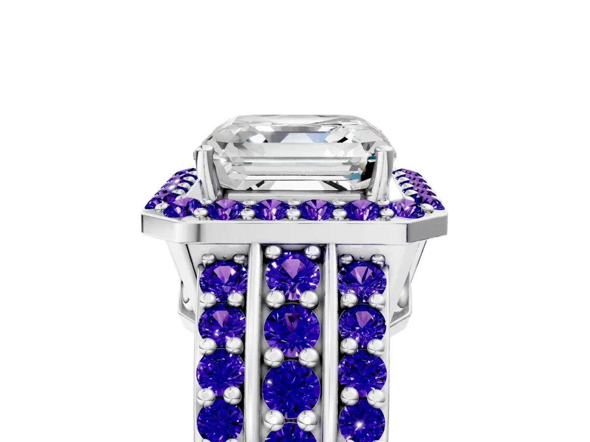 Asscher Cut Halo Diamond Ring with Round Tanzanite Split Shank and Prong Setting Platinum