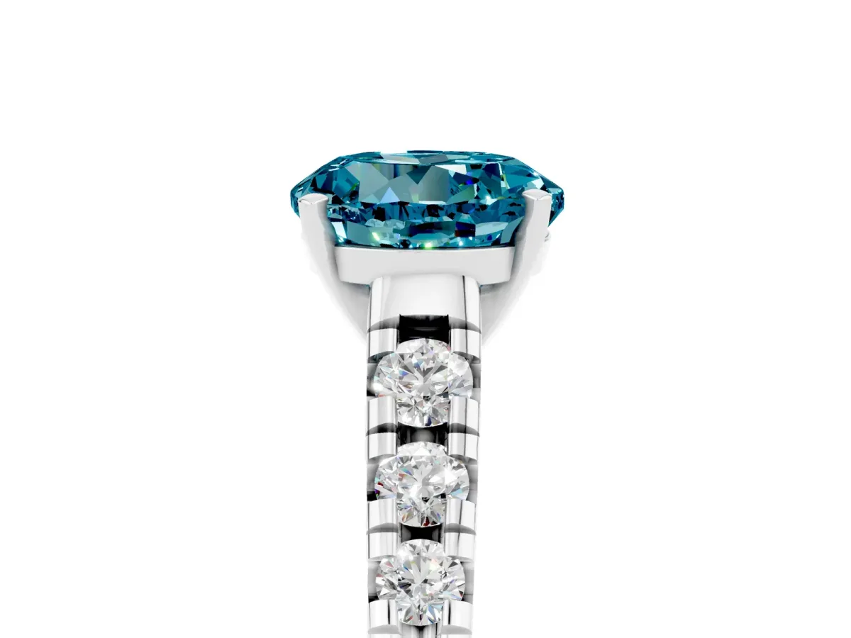 Round Cut Blue Topaz Cathedral Solitaire Ring with Round Pavé Band Silver