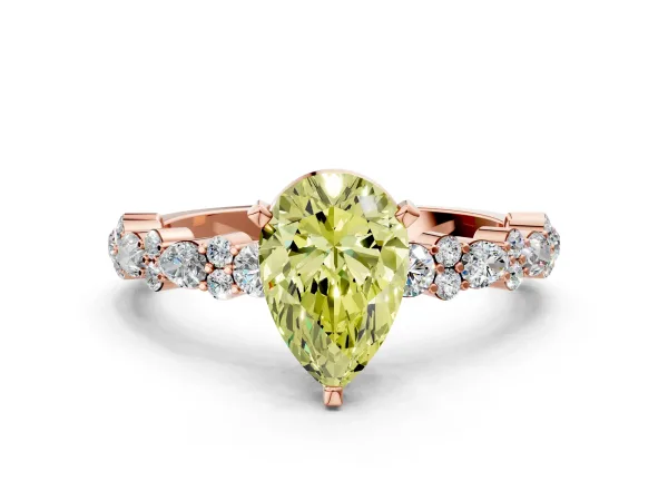 Fancy Yellow Pear Cut Diamond Side Stone Solitaire Ring with Round and Four-Prong Setting Rose gold