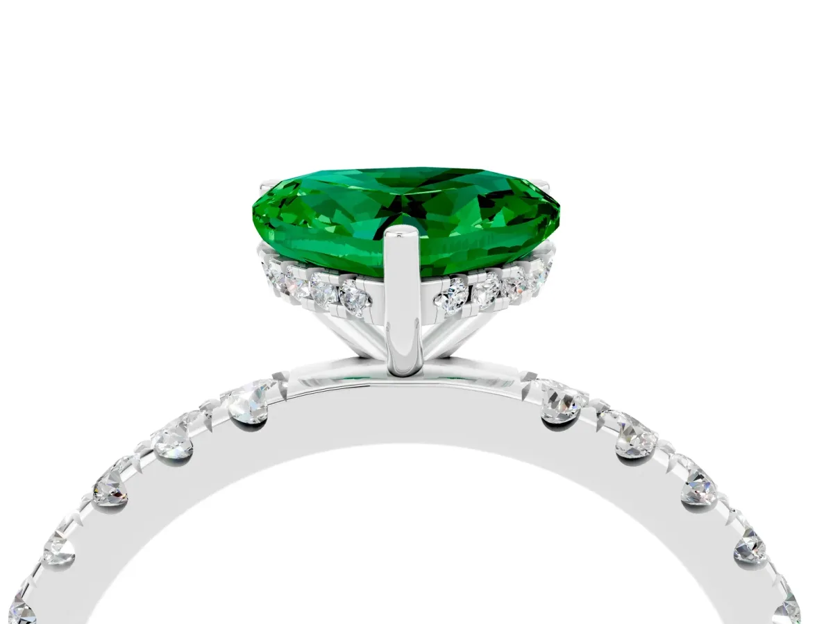 Heart Cut Emerald Pave Band Solitaire Ring with Round and Prong Setting Silver