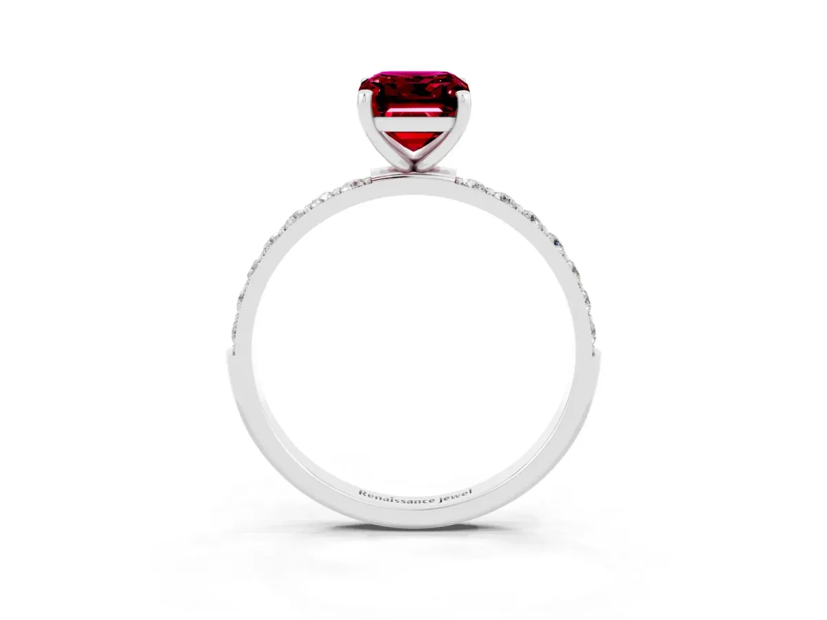 Emerald Cut Garnet Solitaire Ring with Round Pavé Band and Prong Setting Platinum