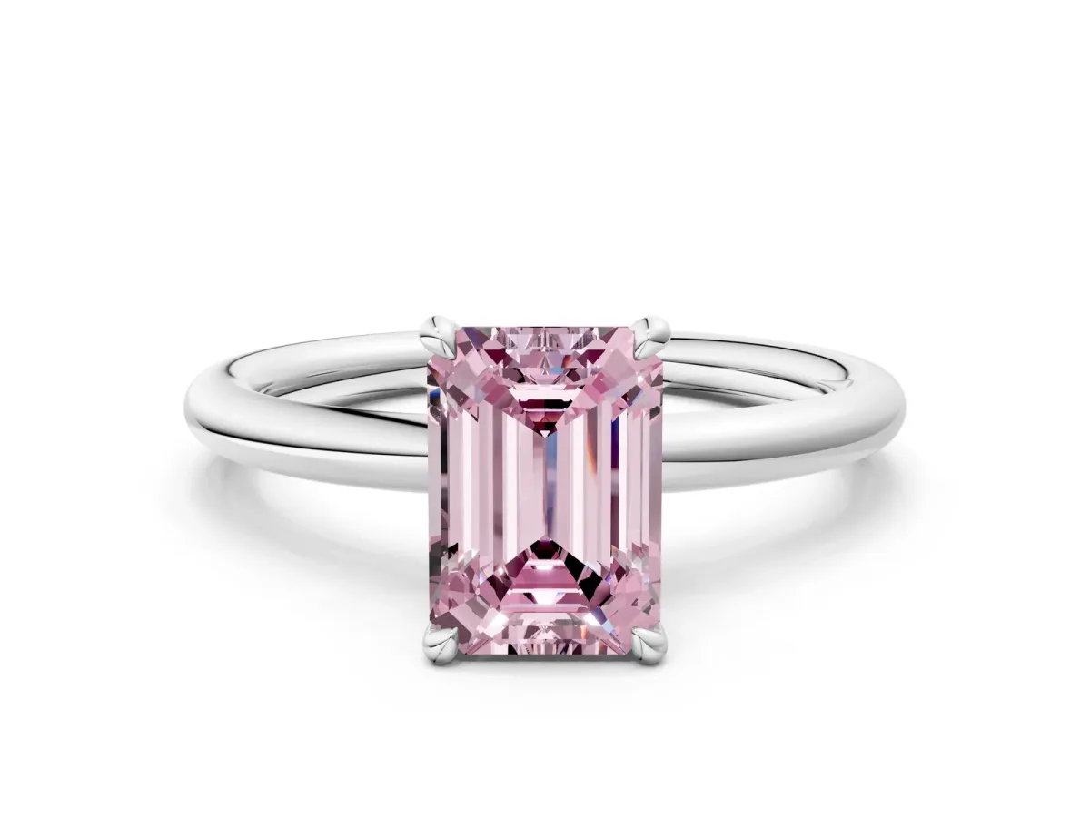 Fancy Pink Emerald Cut Diamond Solitaire Ring with Thin Band and Four-Prong Setting Platinum