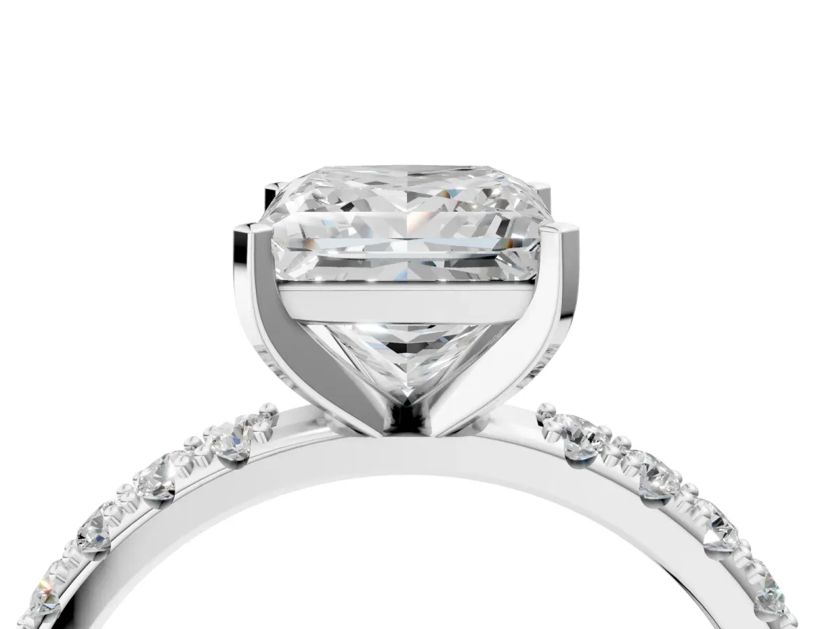 Princess Cut Diamond Solitaire Pavé Band with Four-Prong Setting Silver