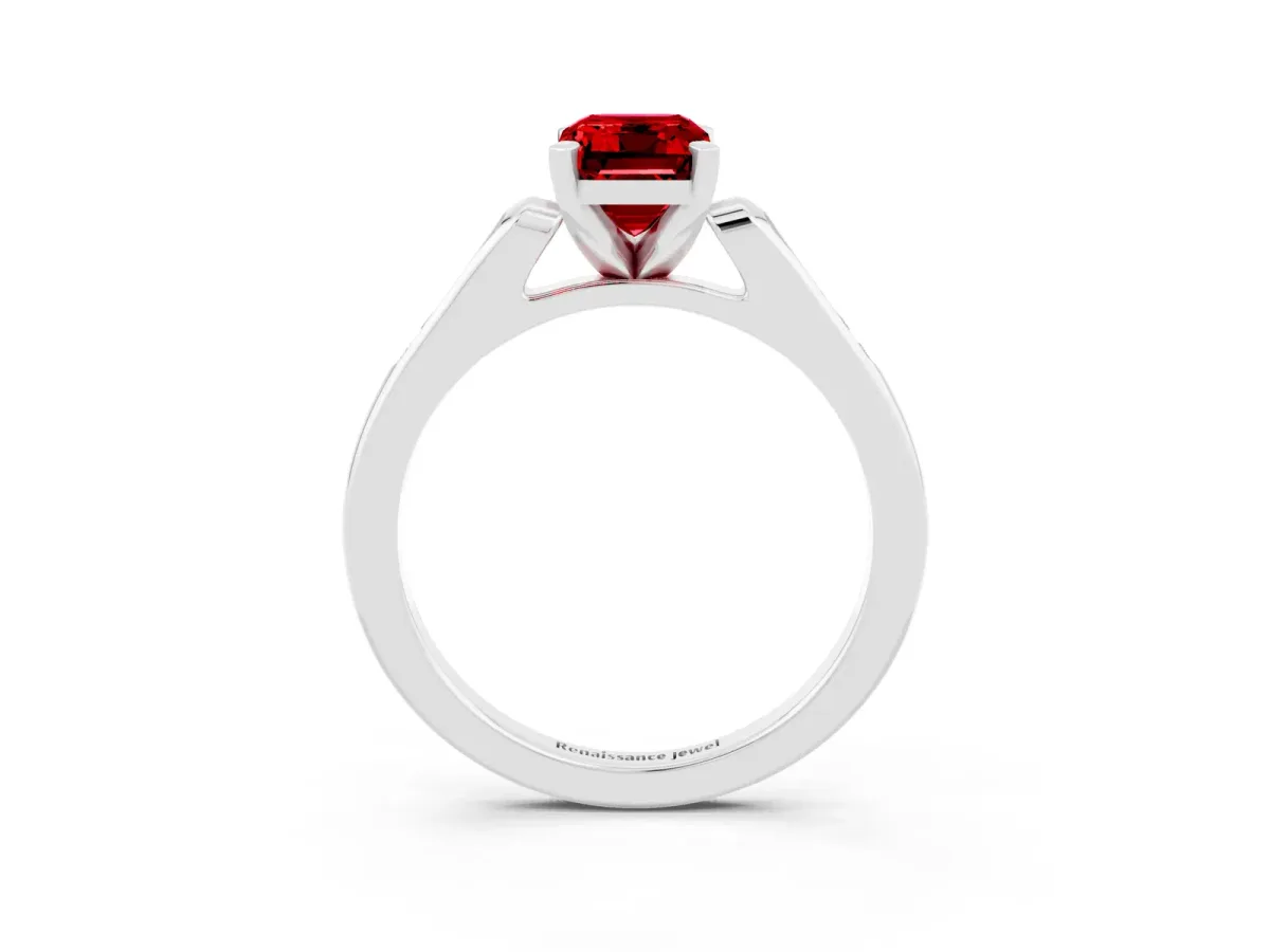 Emerald Cut Ruby Solitaire Ring with Channel Set Round Band and Prong Setting White gold