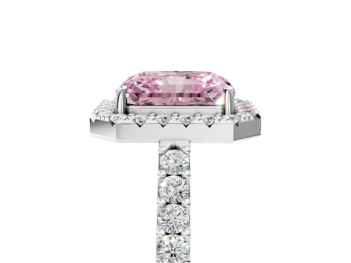 Fancy Pink Radiant Cut Halo Diamond Pavé Solitaire Ring Platinum