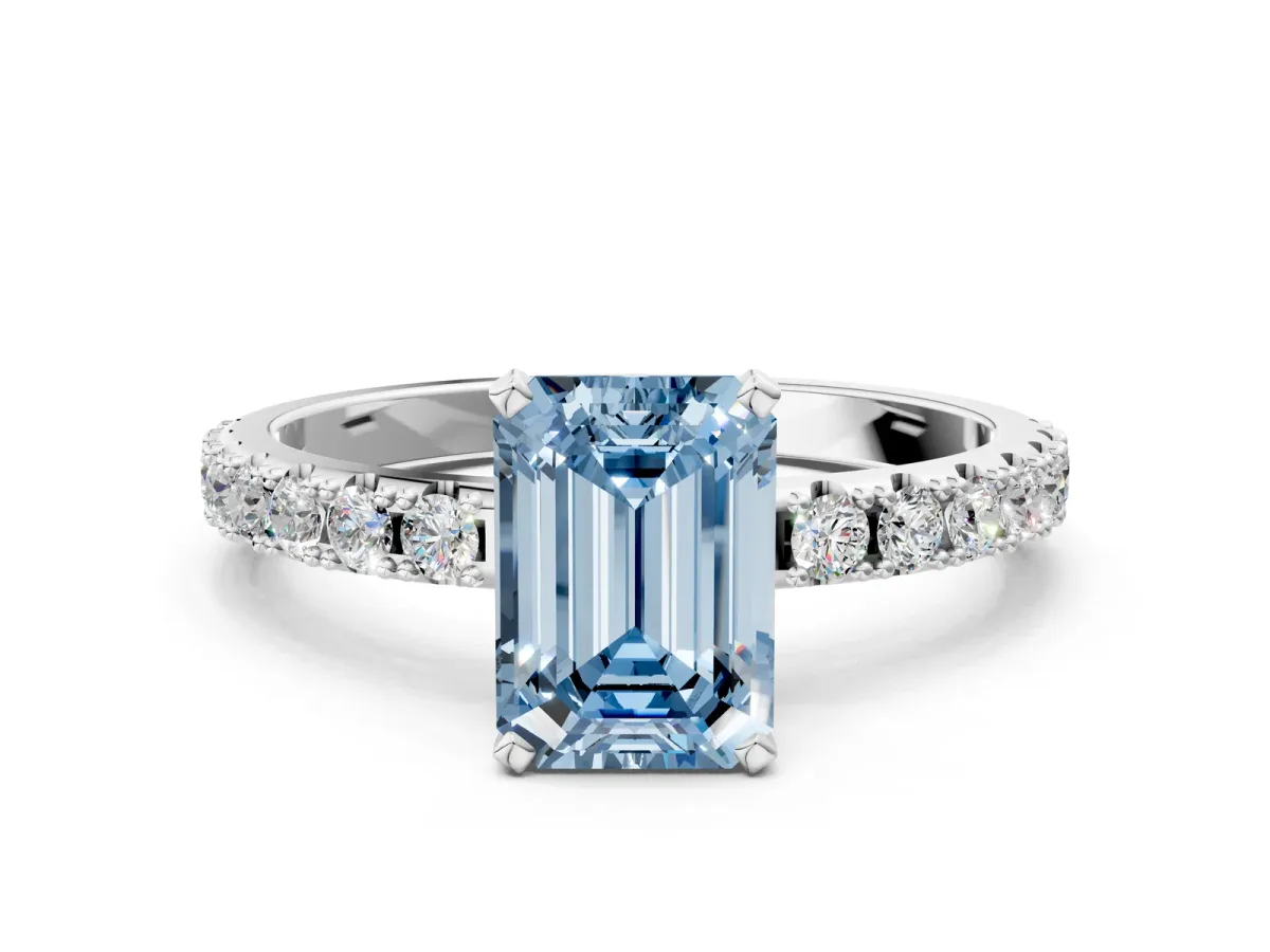 Fancy Blue Emerald Cut Diamond Solitaire Pavé Band with Four-Prong Setting Silver