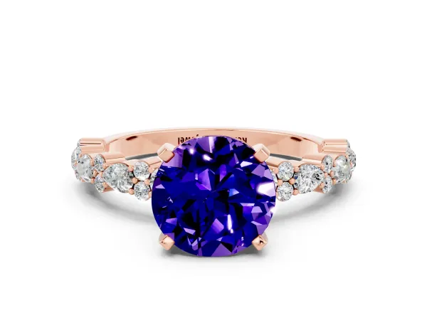 Round Cut Tanzanite Side Stone Solitaire Ring with Round and Four-Prong Setting Rose gold