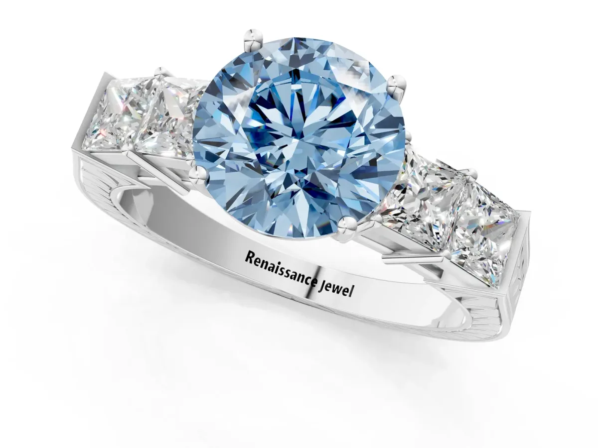 Fancy Blue Round Cut Solitaire Princess Side Stone Engraved Band Prong Setting Ring Silver