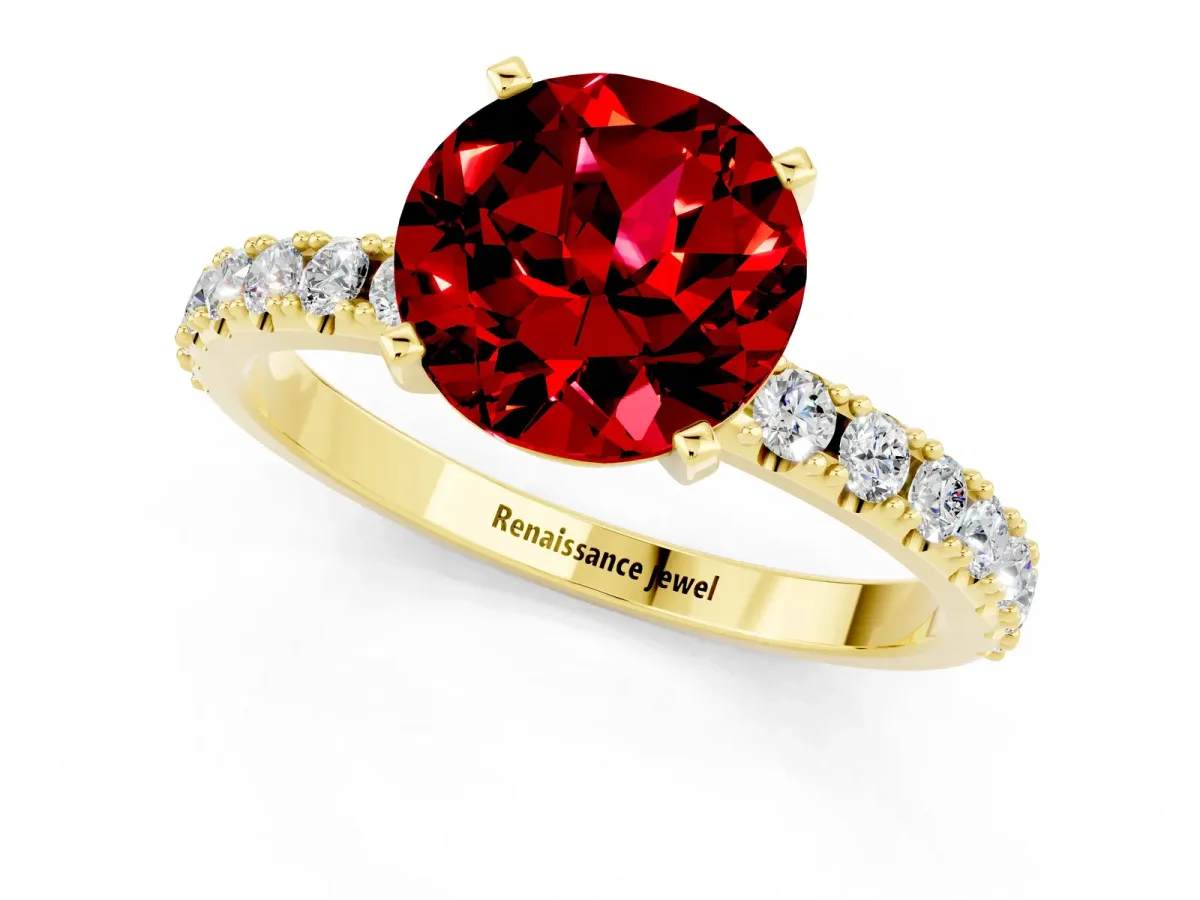 Round Cut Ruby Solitaire Pavé Band with Four-Prong Setting Yellow gold