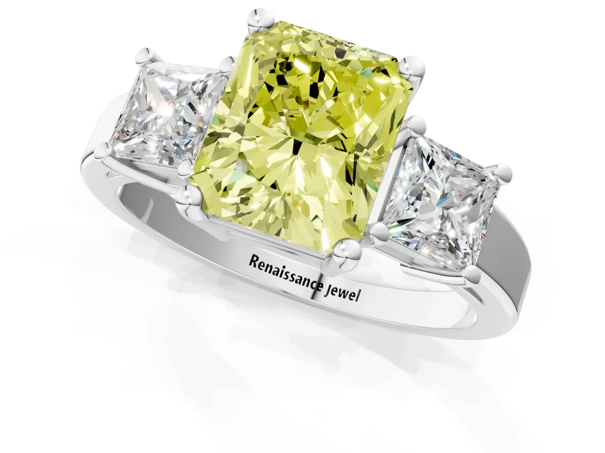 Fancy Yellow Three-Stone Radiant Cut Cut Solitaire Ring with Prong Setting Platinum
