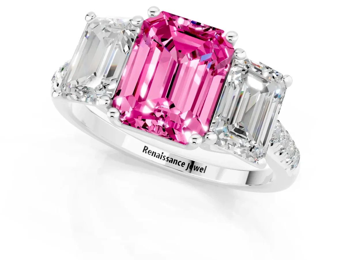 Three-Stone Emerald Cut Pink Sapphire Ring with Round Pavé Band and Prong Setting Silver