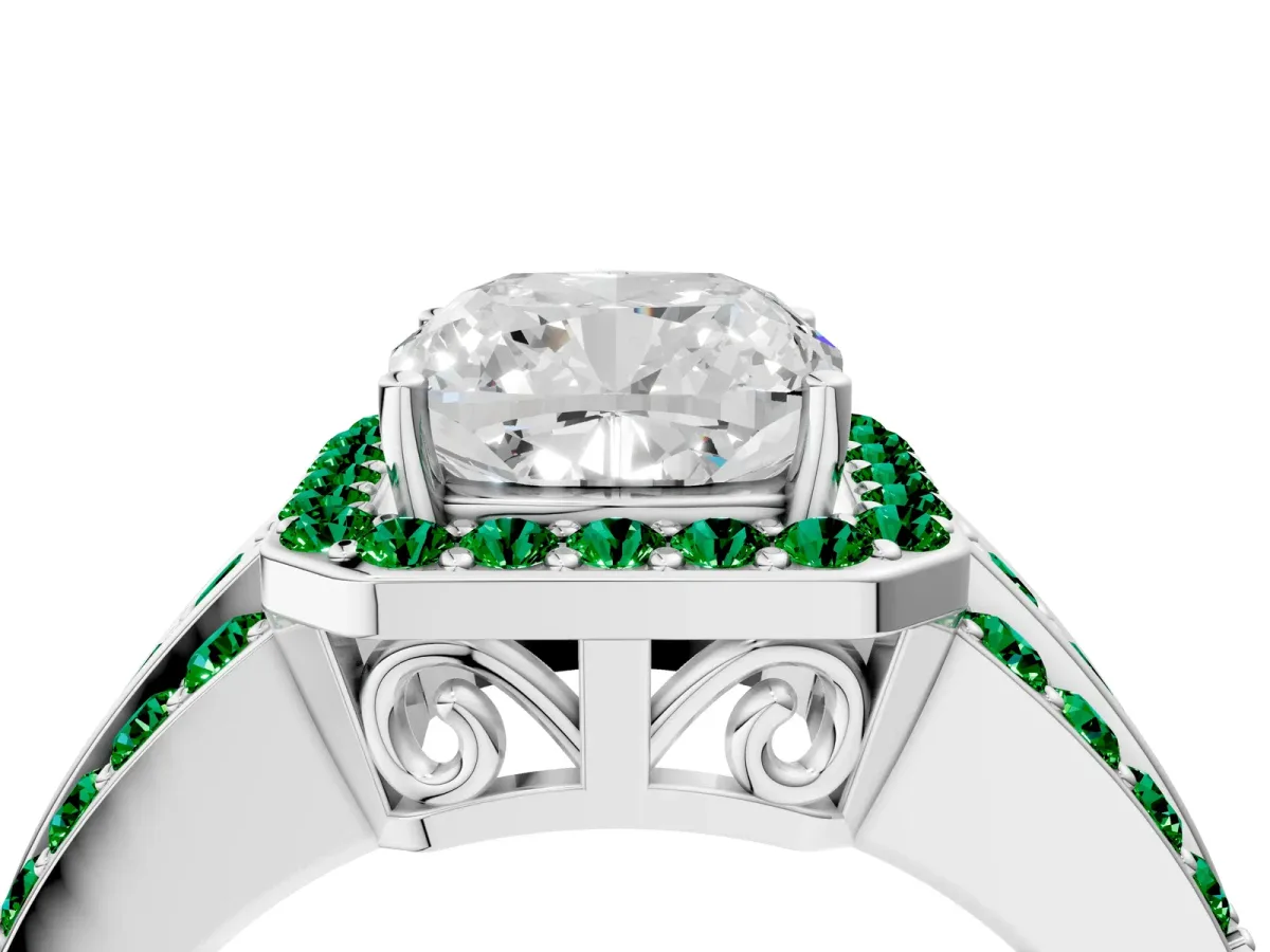 Cushion Cut Halo Diamond Ring with Round Emerald Split Shank and Prong Setting Platinum