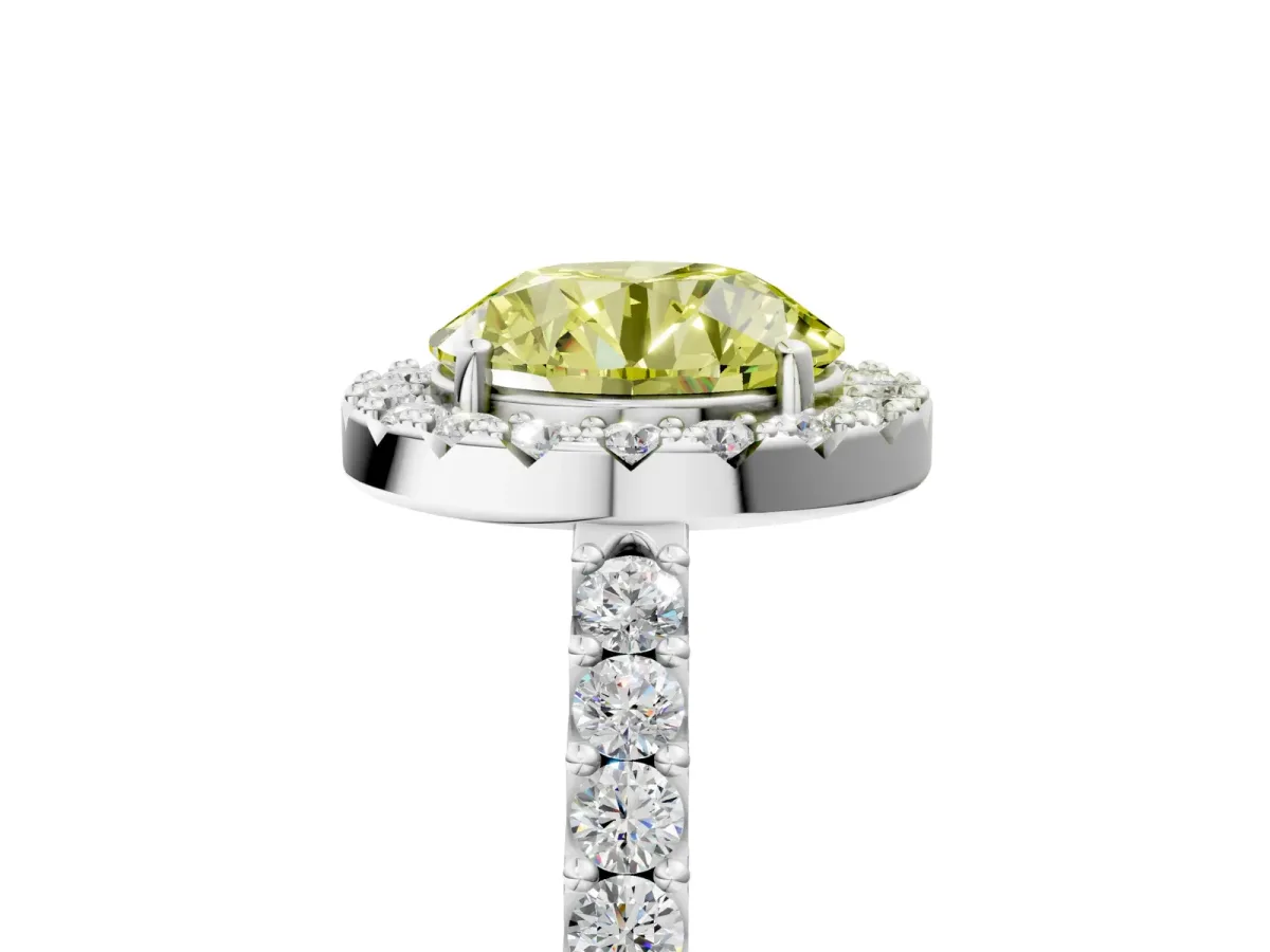Fancy Yellow Round Cut Halo Diamond Pavé Solitaire Ring Platinum