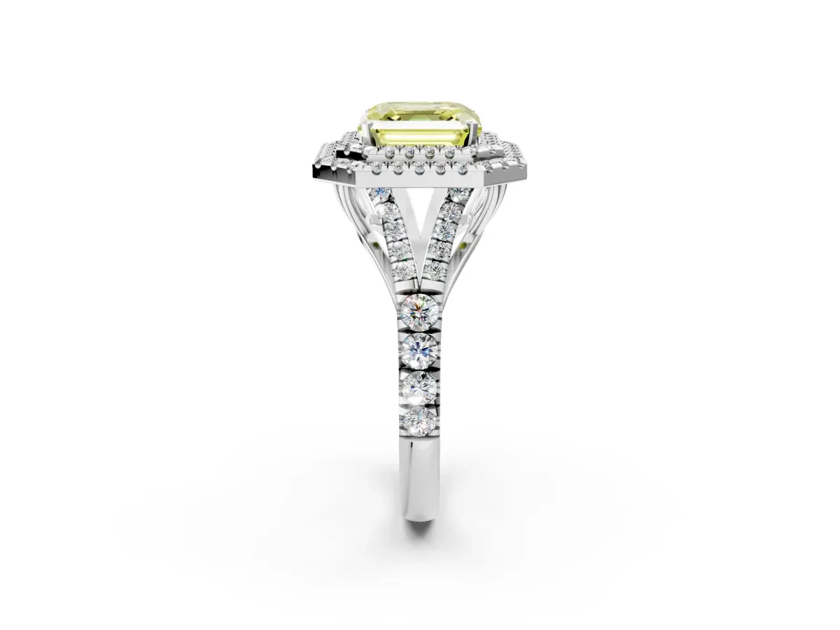 Fancy Yellow Asscher Cut Diamond Pavé Split Shank Double Halo Engagement Ring Platinum
