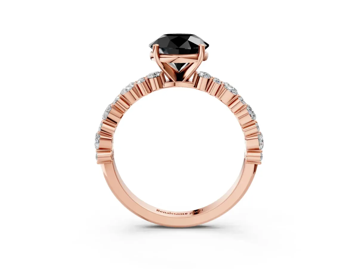 Fancy Black Round Cut Diamond Side Stone Solitaire Ring with Round and Four-Prong Setting Rose gold