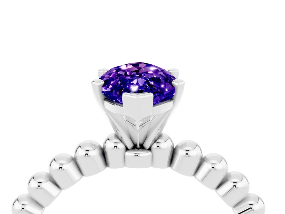 Marquise Cut Tanzanite Solitaire Ring with Beaded Band and Prong Setting Silver