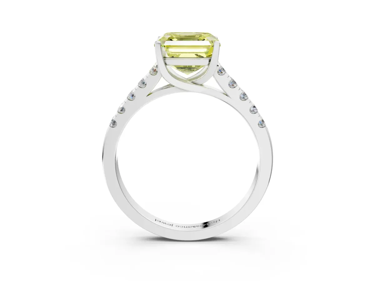 Fancy Yellow Asscher Cut Diamond Pavé Band Solitaire Ring with Prong Setting Platinum