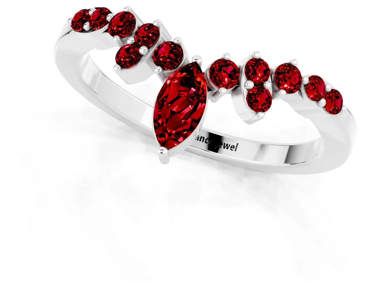 Marquise and Round Ruby Chevron Band with Prong Setting Platinum