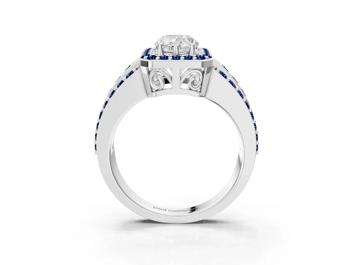 Pear Cut Halo Diamond Ring with Round Blue Sapphire Split Shank and Prong Setting Platinum